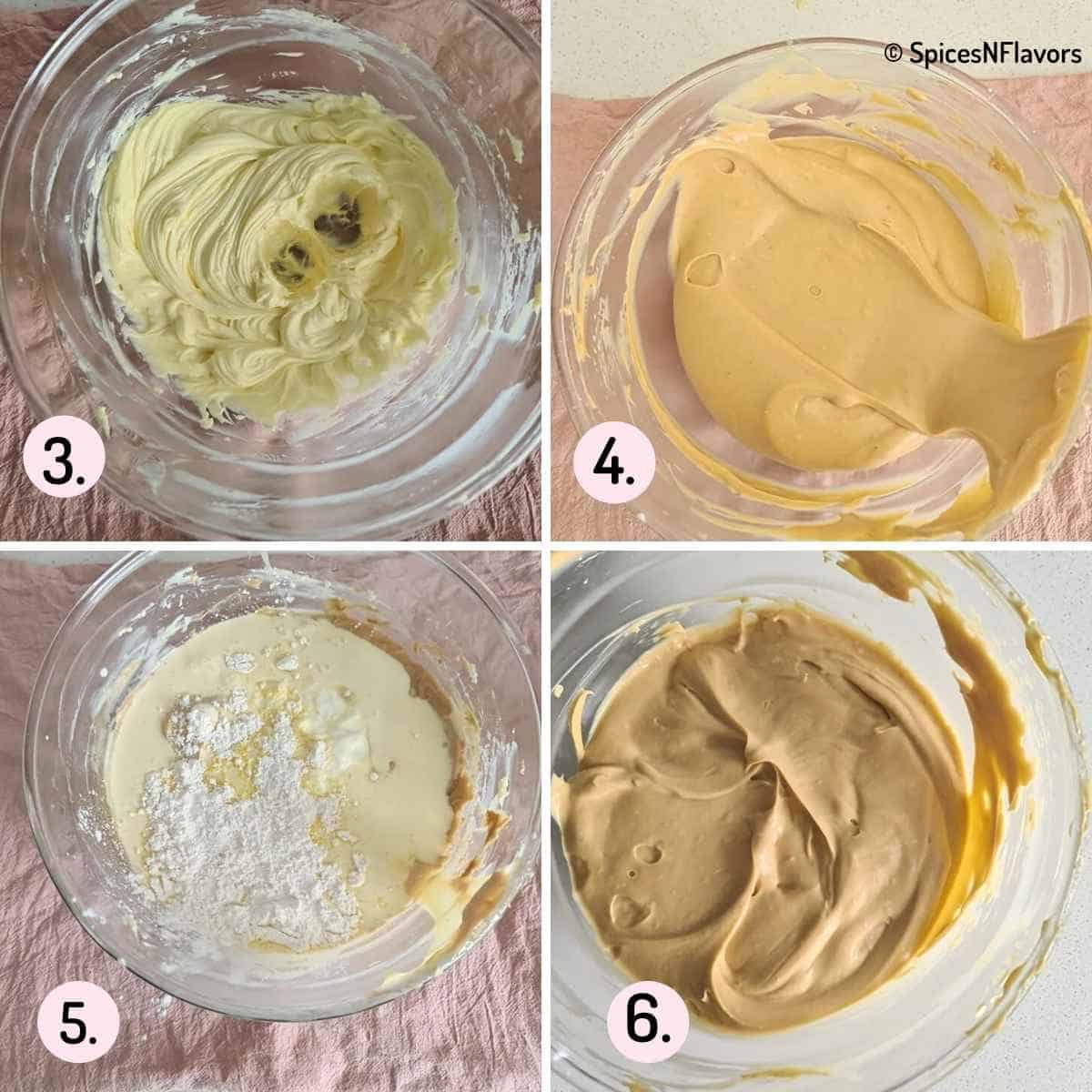 collage of steps showing how to make cheesecake batter
