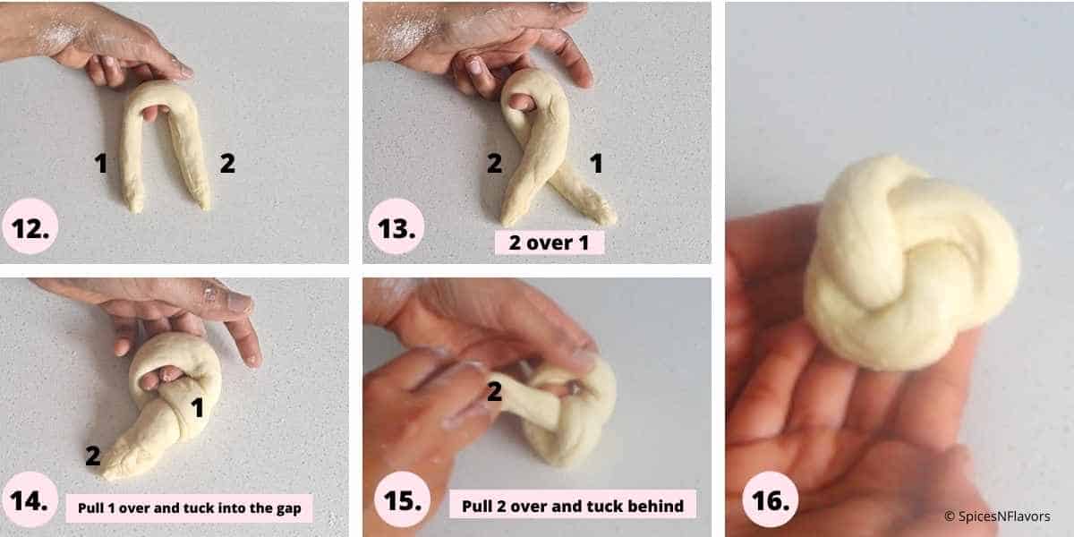 collage of steps showing how to make challah knots