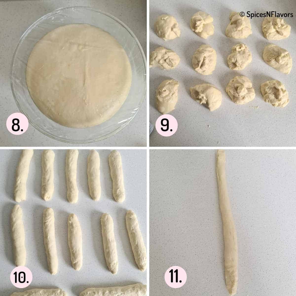 collage of steps showing how to shape the dough into long ropes