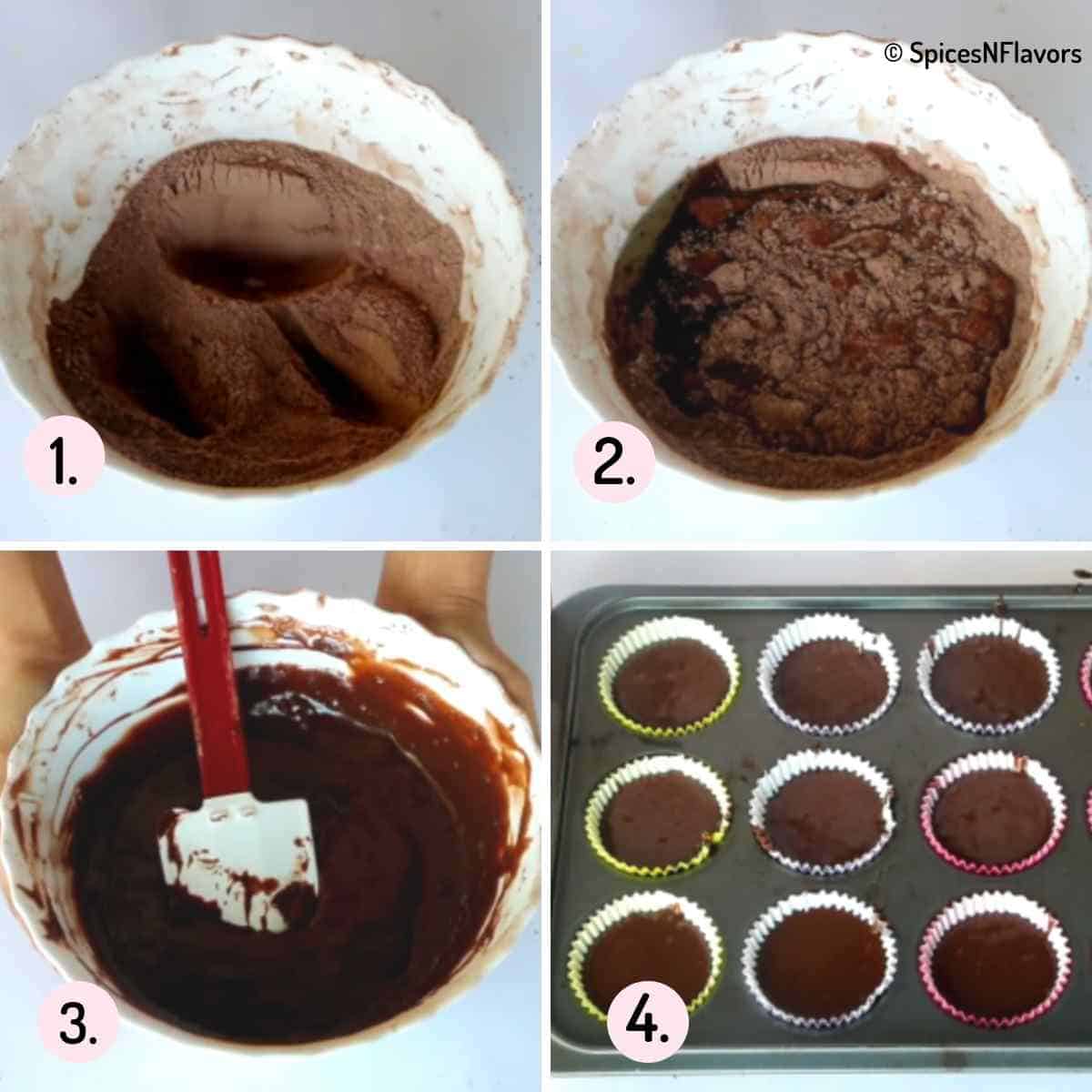 collage of steps showing how to make cupcake batter