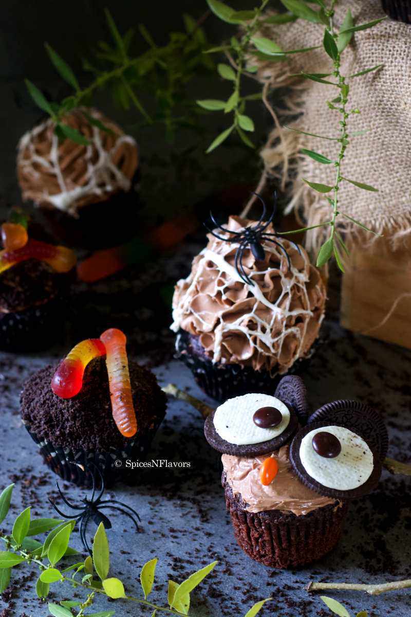 3 fun and cute halloween theme cupcake designs placed next to each other