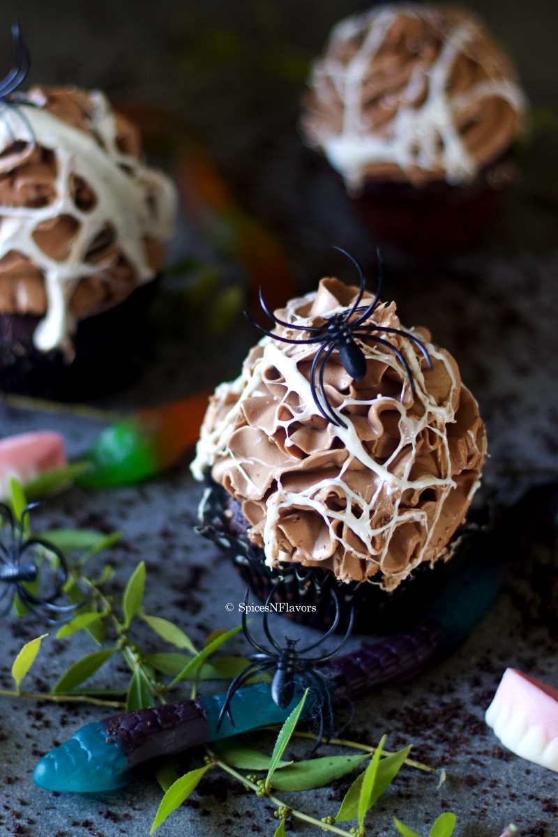 image of spider web cupcake placed with gummy snake and leaves in the background