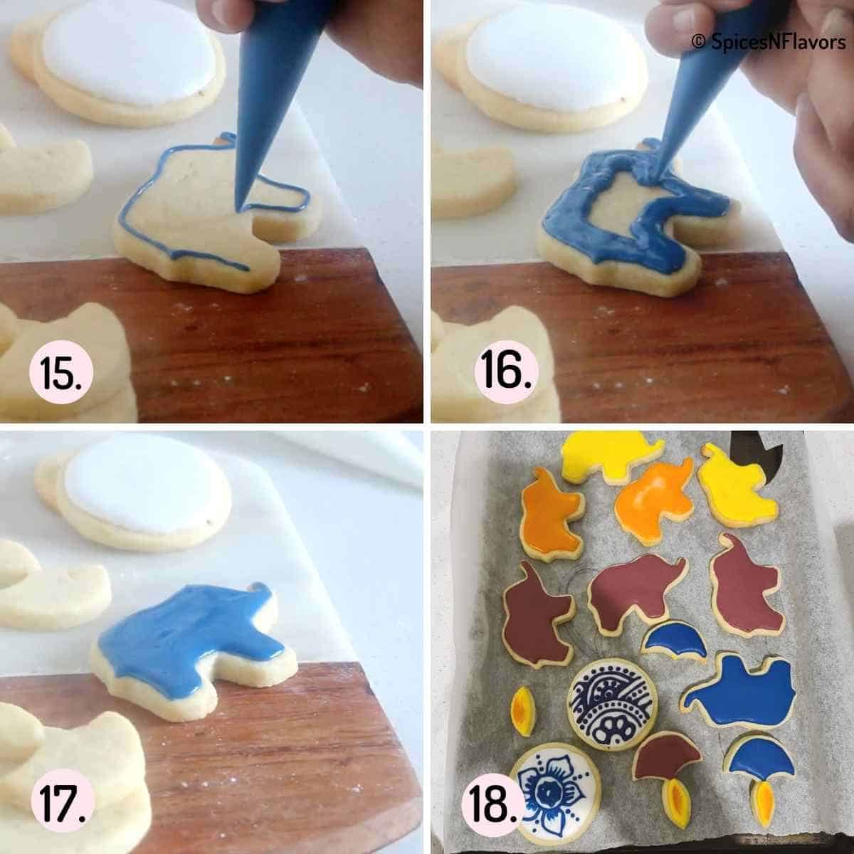 collage of images showing how to flood sugar cookies