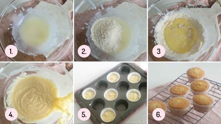 collage of images showing how to prepare cupcakes without eggs