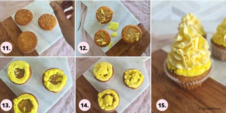 collage of steps showing how to assemble the cupcakes