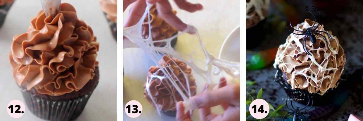 collage of images showing how to make spider web cupcakes