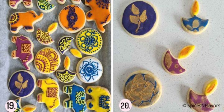 collage of images showing two types of decoration on sugar cookies