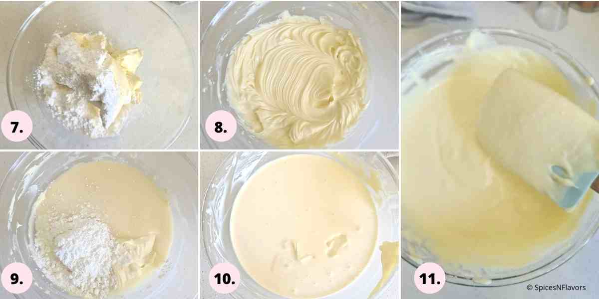 collage of steps showing how to make the cheesecake batter