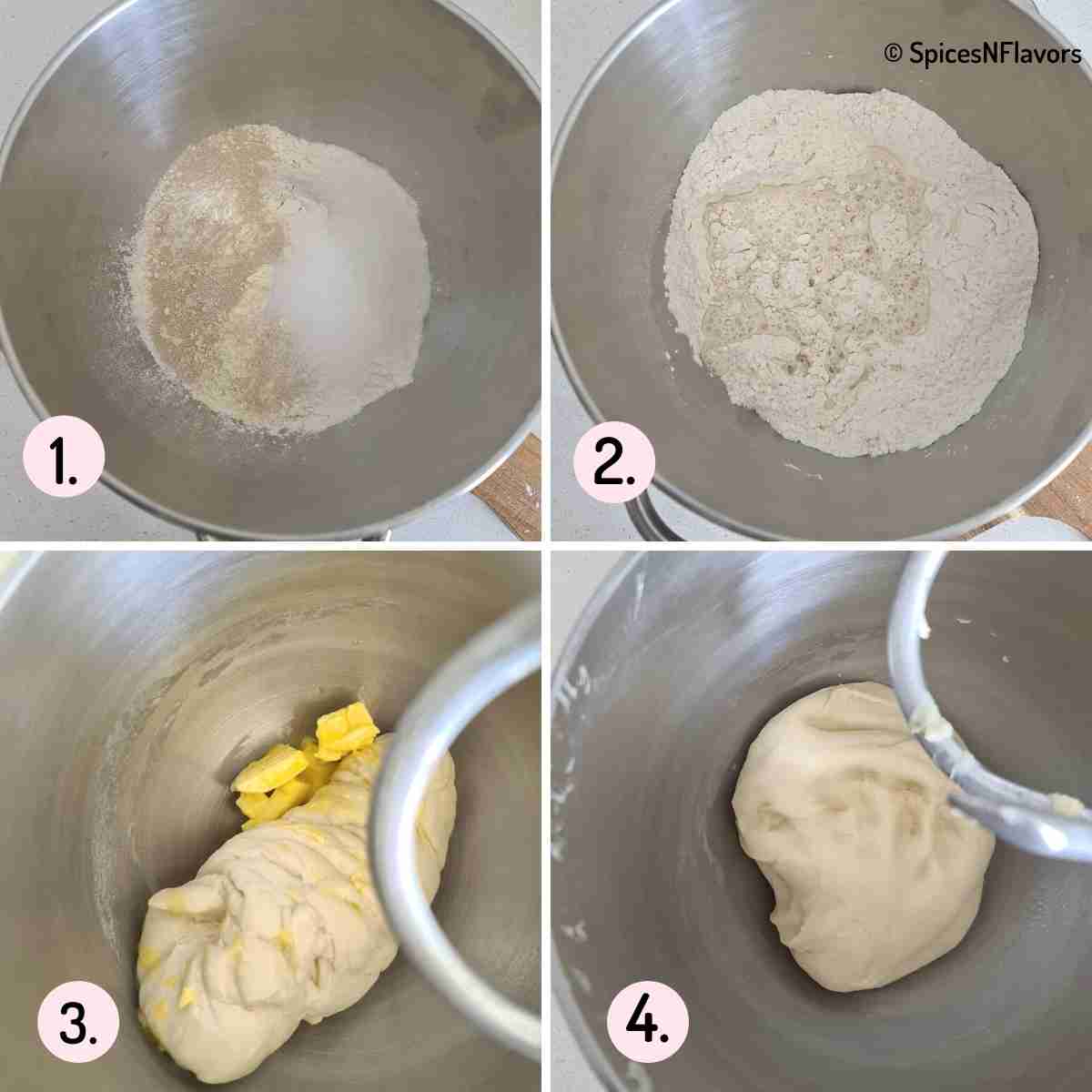 collage of steps showing how to make bread dough