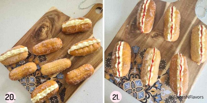 collage of images showing how to assemble the finger doughnuts