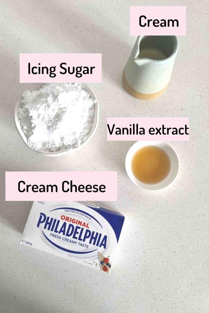 ingredients needed to make the frosting recipe without butter placed on a white dotted background