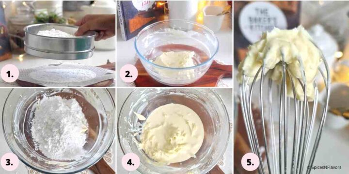 collage of images showing how to make the frosting recipe in a step by step format