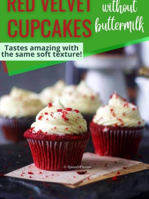 pin image for red velvet cupcakes made without buttermilk