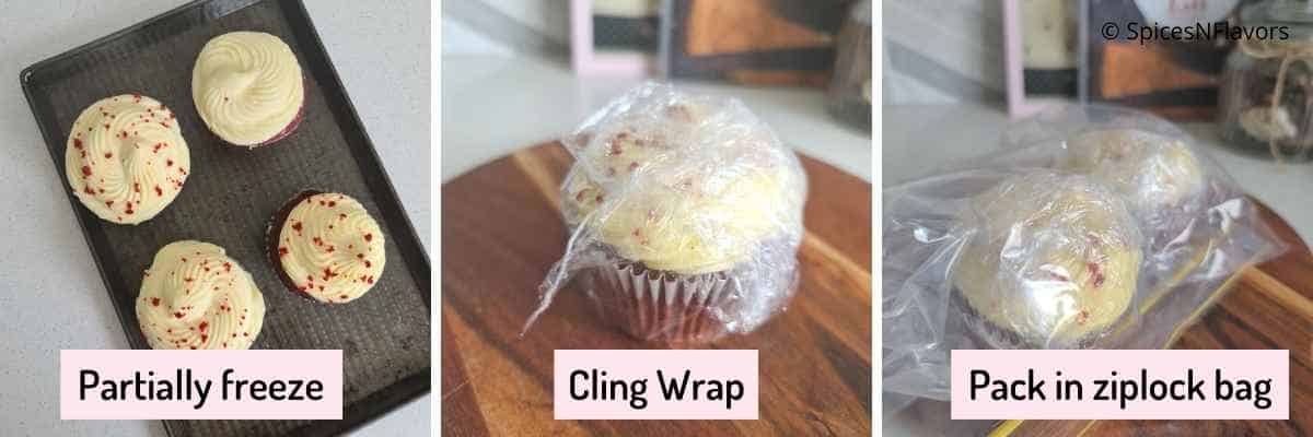 how to store frosted cupcakes using the cling wrap and ziplock method