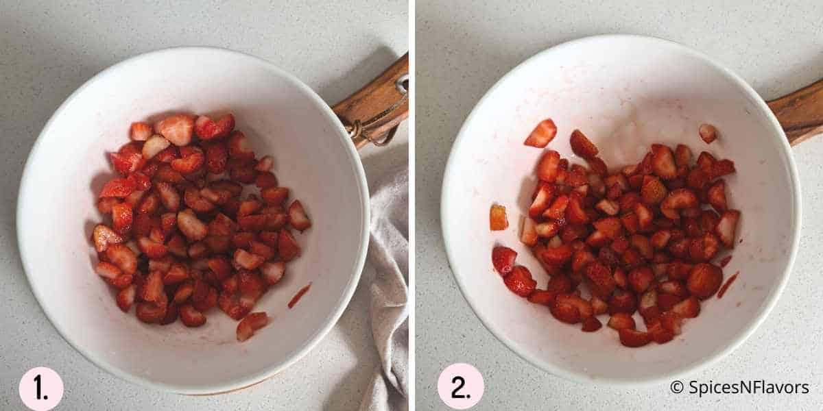 before and after stages of macerating the strawberries