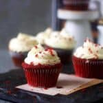 cropped image of red velvet cupcakes placed on a card to fit the recipe card size