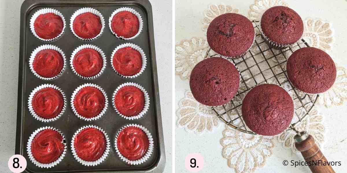 collage of images showing how to fill the cupcake liners with the batter