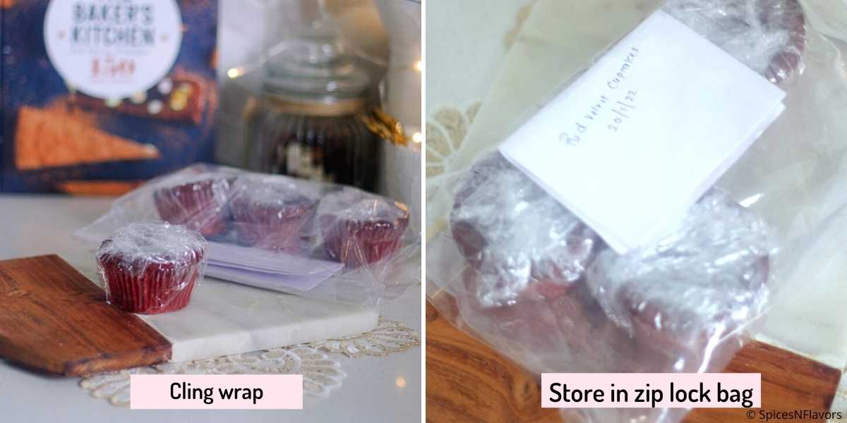 cling wrapped cupcakes stored in a zip lock bag