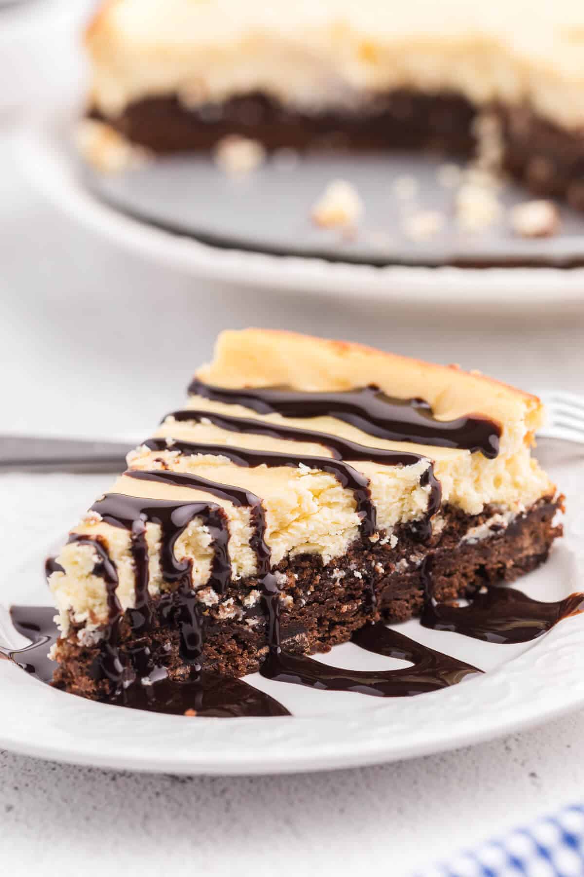 slice of brownie bottom cheesecake with chocolate drizzled on top