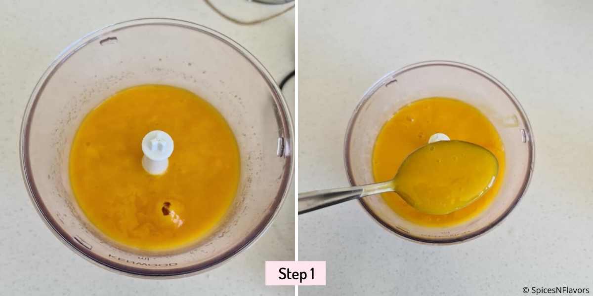 Blend mangoes, lemon juice and sugar in a blender