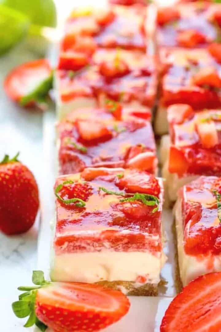 strawberry rhubarb cheesecake stacked behind each other