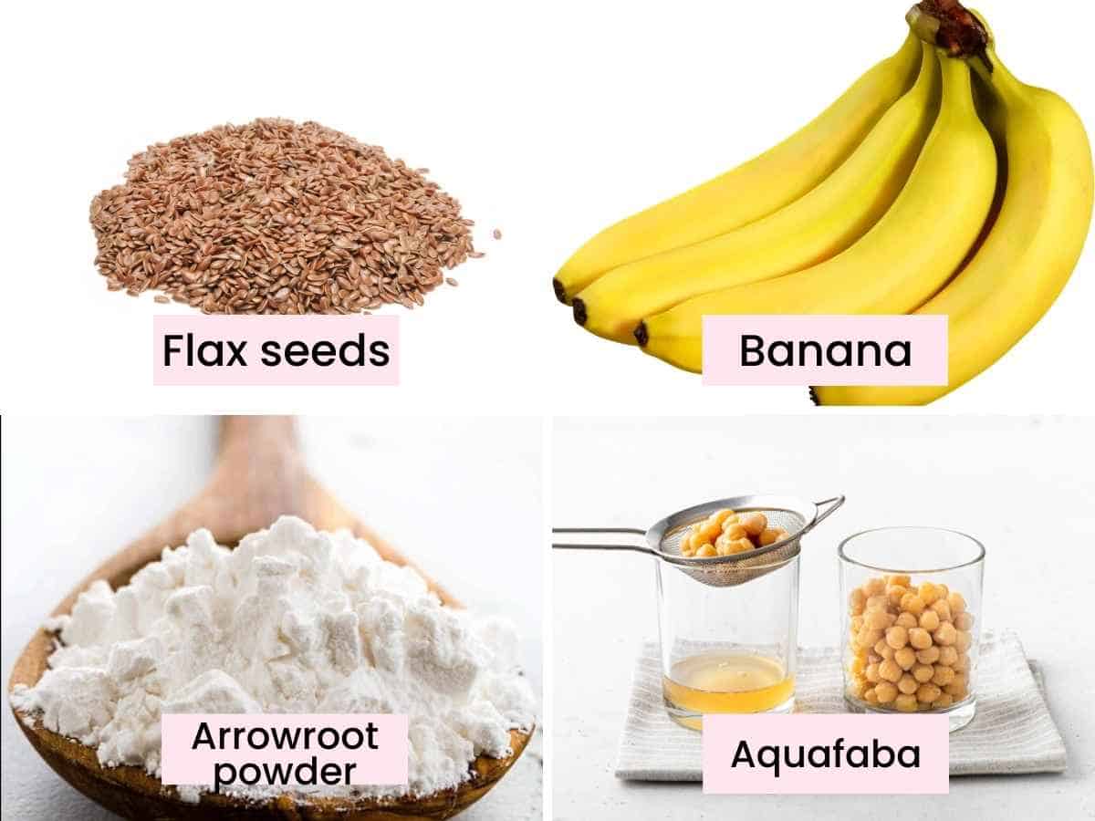 collage of ingredients that act as egg substitutes for baking brownies