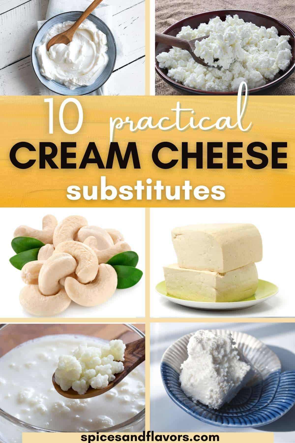 collage of all the substitutes that can be used for cream cheese in cheesecake