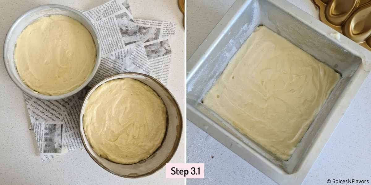 transfer cake batter to cake pans