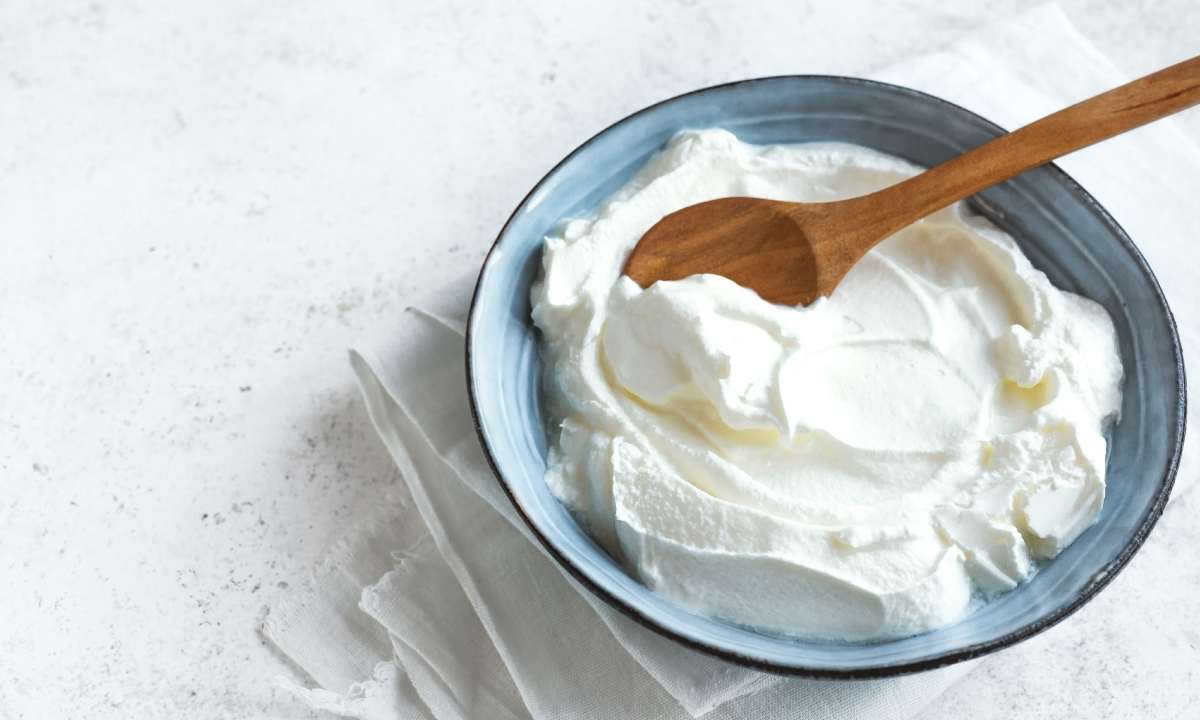 yogurt placed in a blue bowl