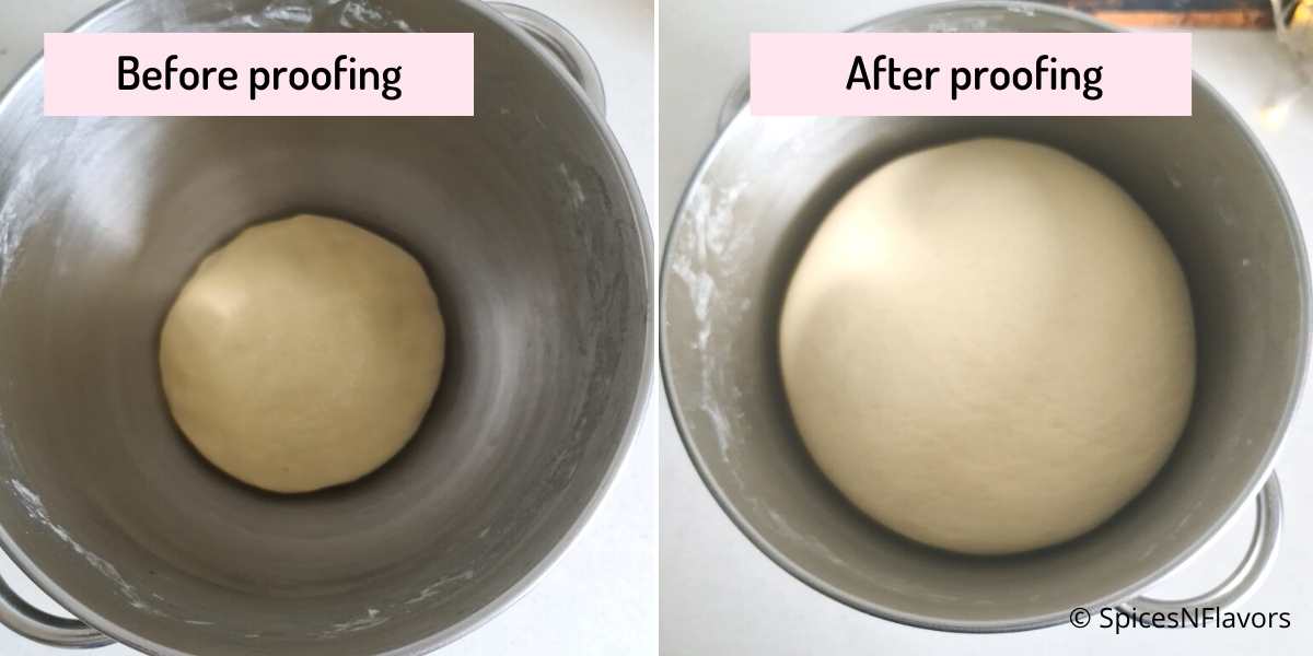 before and after proofing images of the bread dough