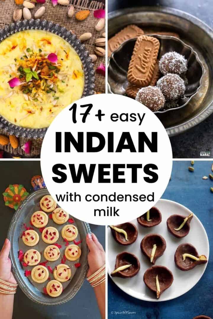 collage of 4 Indian sweet images along with text on top