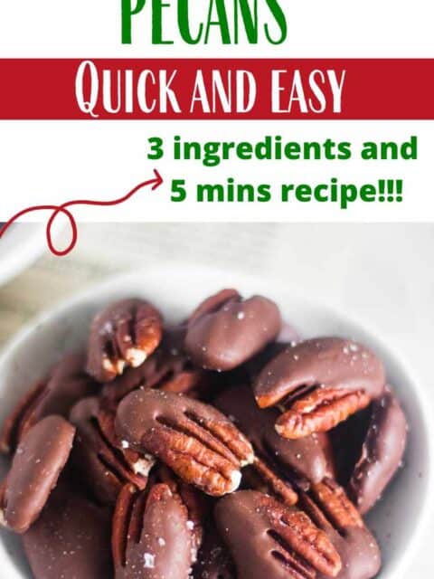 chocolate pecans with text on top to fit pinterest image
