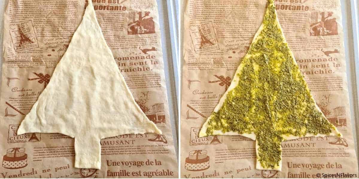 shape the bread to look like christmas tree and spread pesto on top