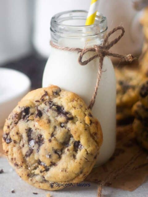 close up image of chocolate chip cookie to fit the recipe card