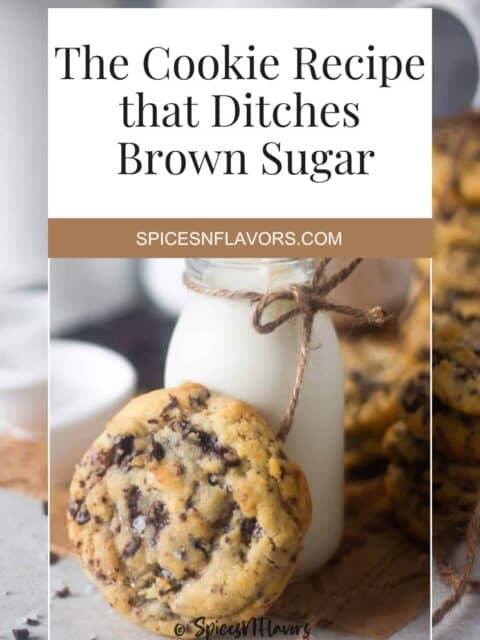 single chocolate chip cookie placed in front of a milk bottle with text on top to fit pinterest image size