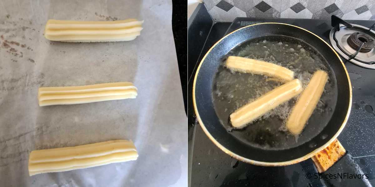 Pipe the churros and then deep fry