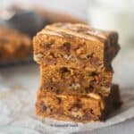 close image of stacked buterscotch blondies to fit the recipe card