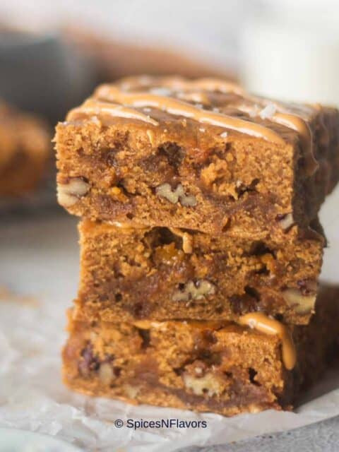 close image of stacked buterscotch blondies to fit the recipe card