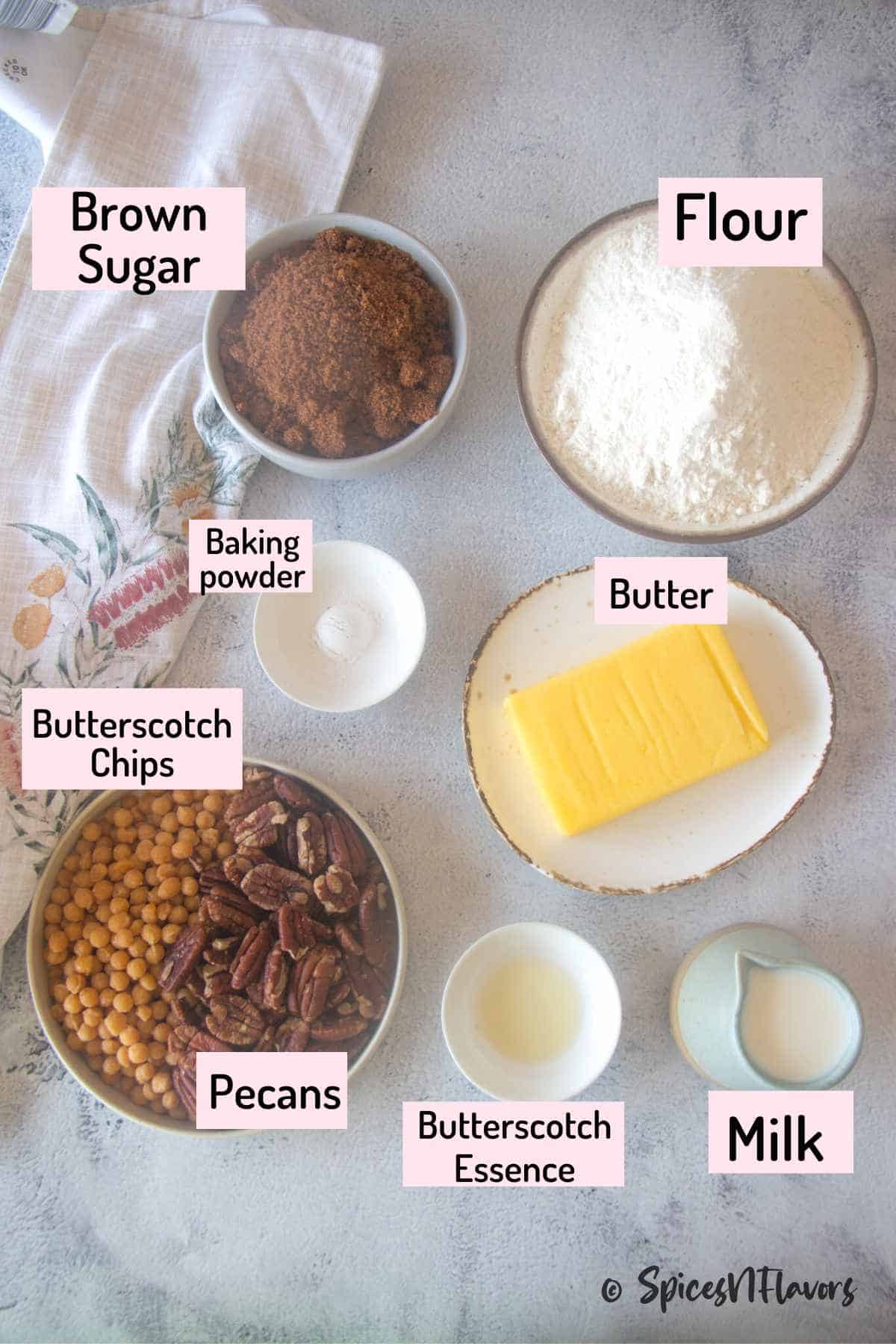 ingredients needed to make the eggless butterscotch blondies