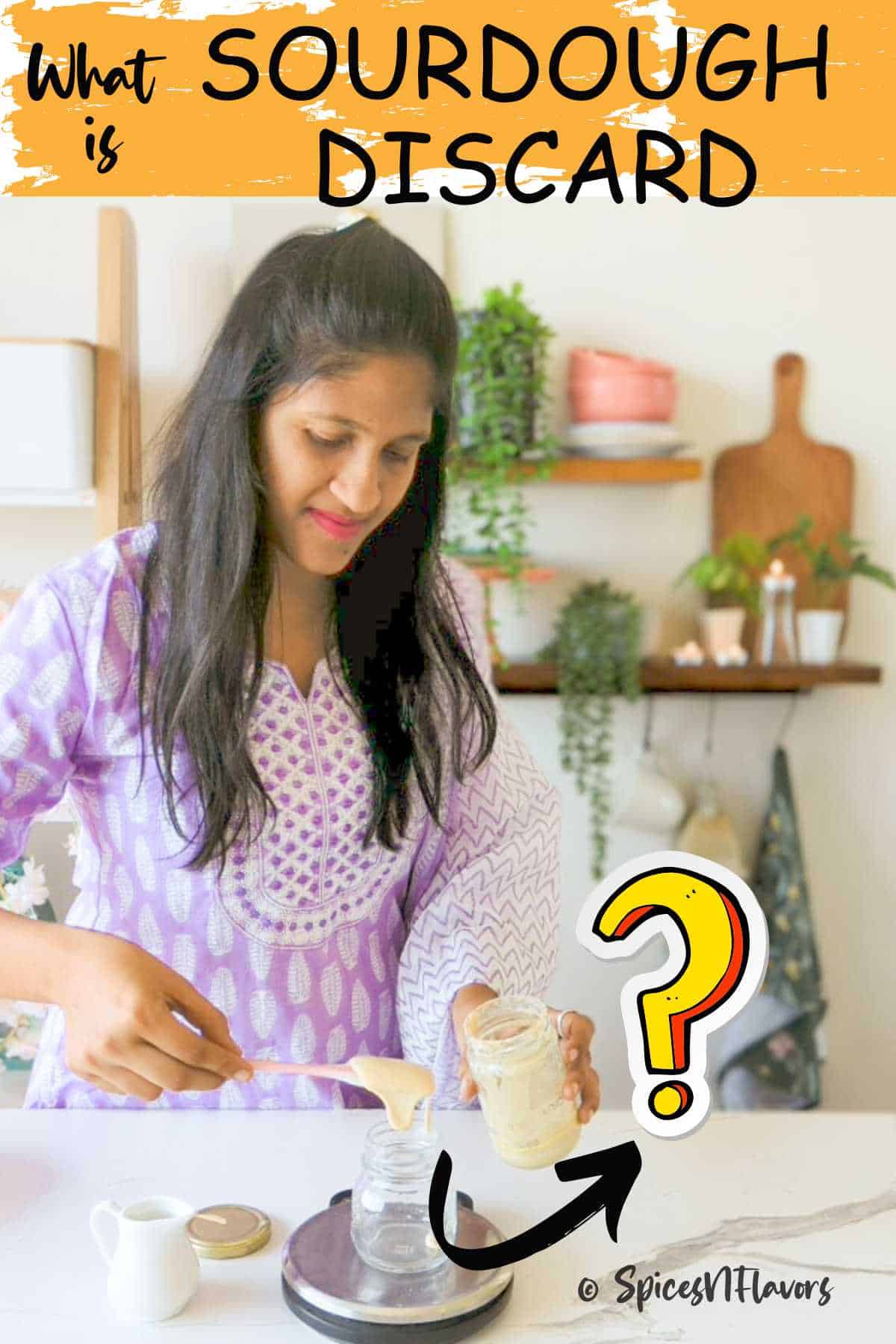 a girl discarding a portion of sourdough starter into a new jar