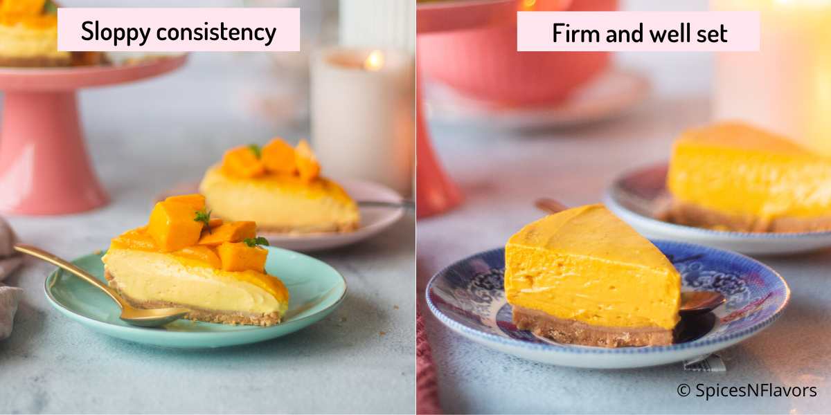collage showing the difference between the texture of mango cheesecake