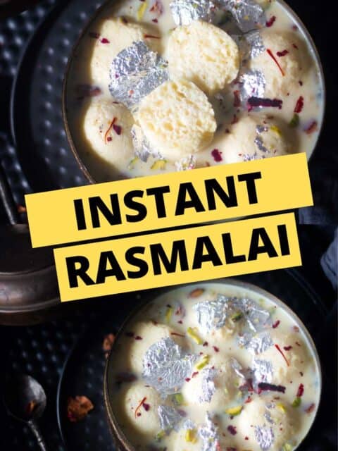 collage of rasmalai with rasgulla images with text on top to fit the pinterest pin size