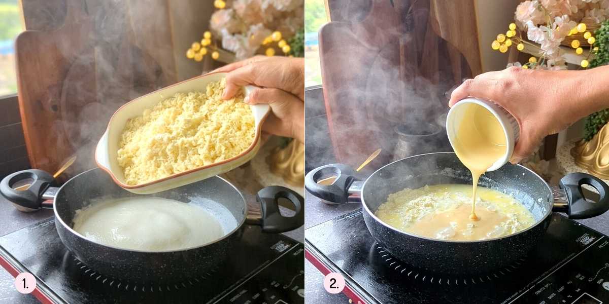 adding paneer and condensed milk to boiling milk