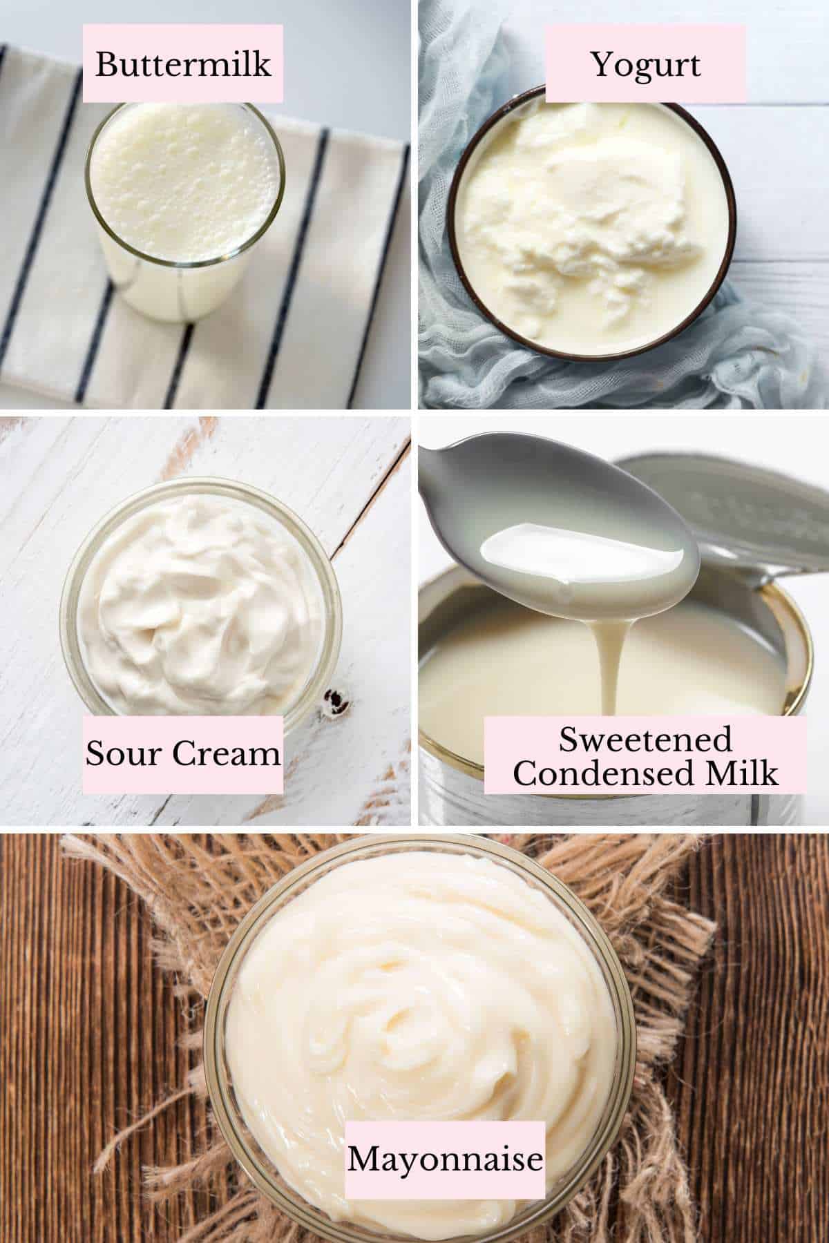 collage of 5 dairy based egg substitutes that can be used for baking banana bread
