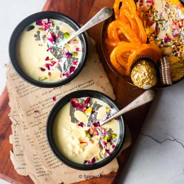 close up image of rabdi in black ramekins to fit the recipe card image