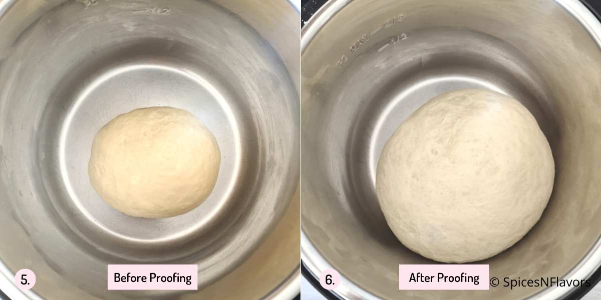 before and after image of proofing the bread dough in instant pot