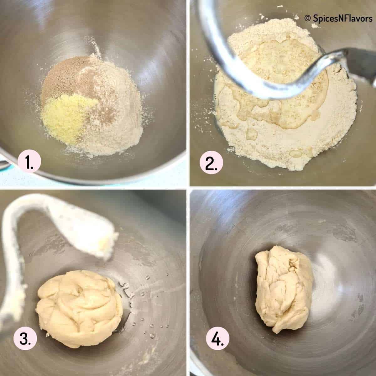 mixing dry and wet ingredients to form the naan bread dough