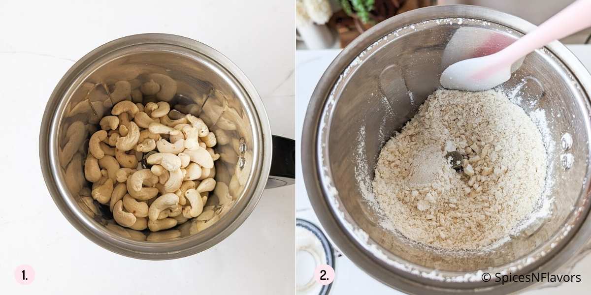 steps showing how to pulse cashew nuts in a mixer