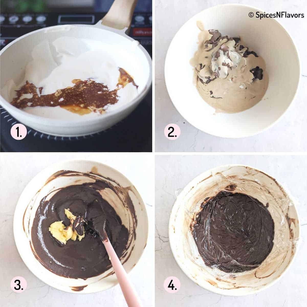 collage of images showing how to prepare coffee chocolate ganache