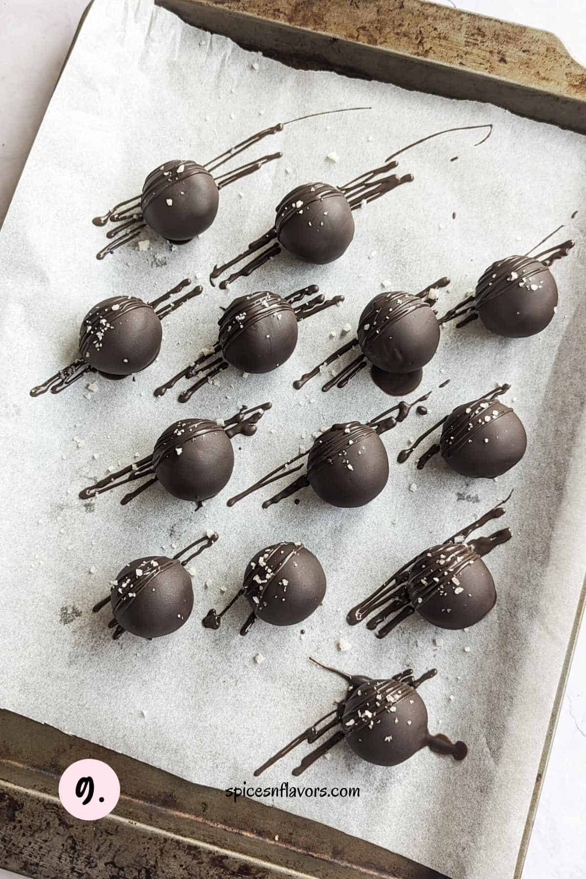 drizzle the dough balls with chocolate and sprinkle sea salt